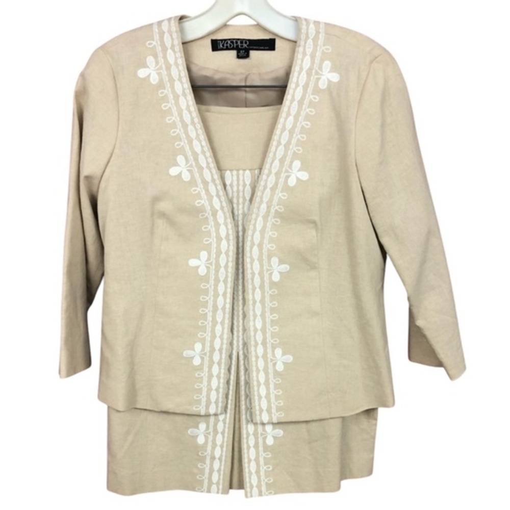 Kasper Sportswear Beige Embroidered Jacket Skirt Suit Set 6P Cottagecore